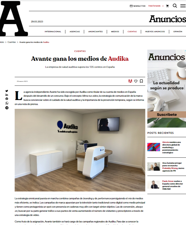 ANUNCIOS-AVANTE gana la cuenta de medios de AUDIKA