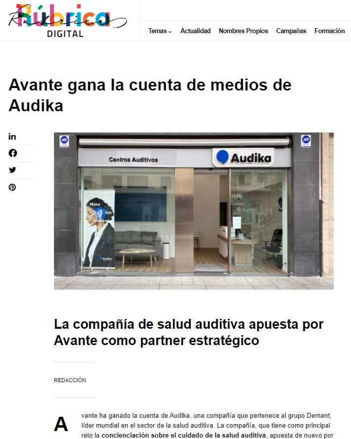 RUBRICA_AVANTE gana la cuenta de medios de AUDIKA